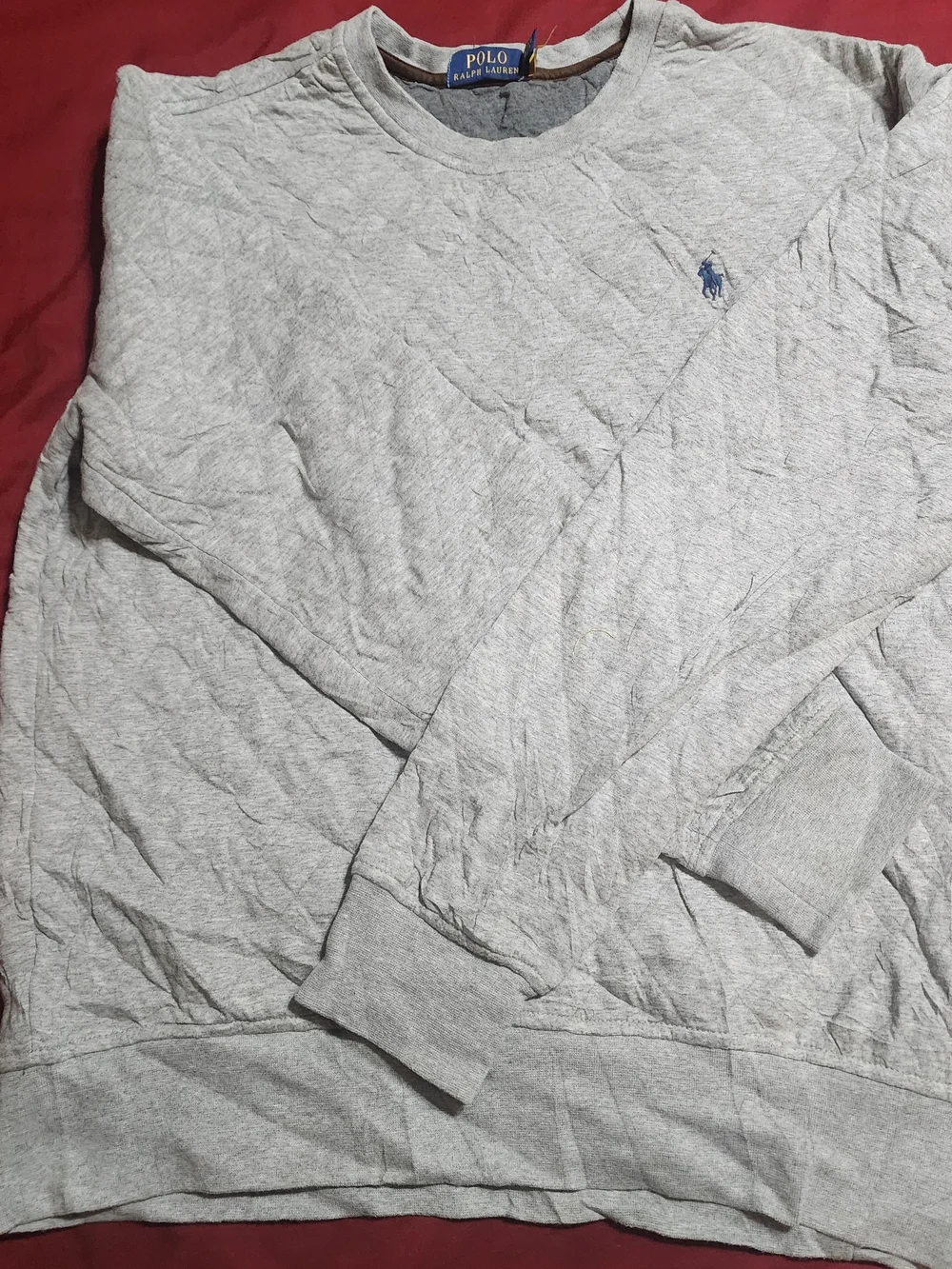Ralph Lauren Light Gray Quilted Crewneck Sweater with Navy Pony